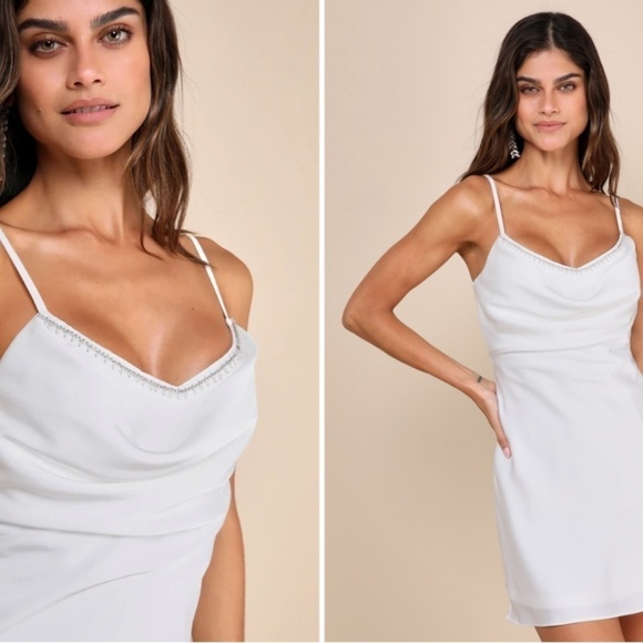 LULUS Sexy Bridal Bachelorette Engagement Bridal Shower Cowl Neck Mini Dress - Picture 3 of 4